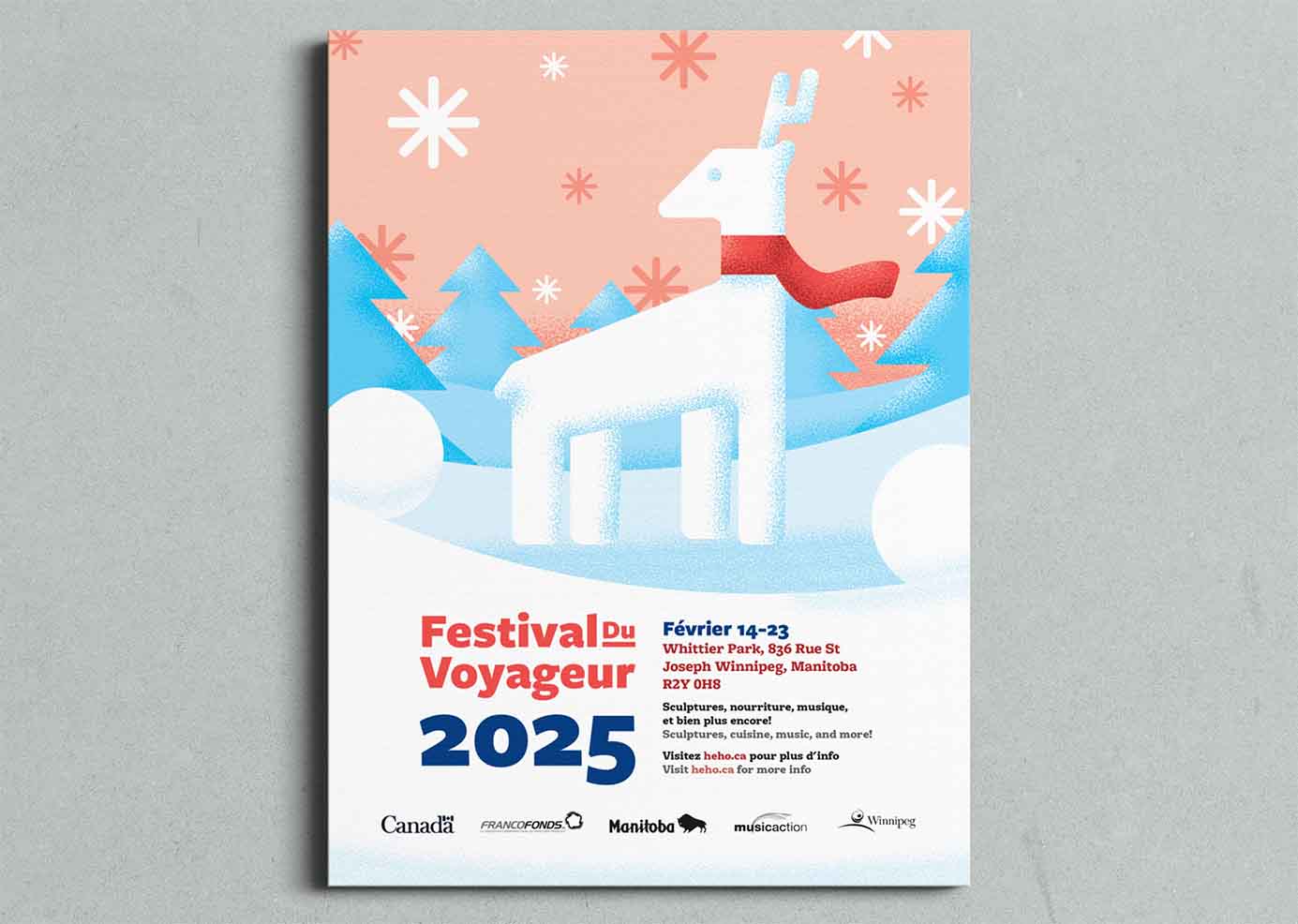 Illustrated campaign poster for Festival Du Voyageur featuring a deer snow sculpture wearing a red scarf.
